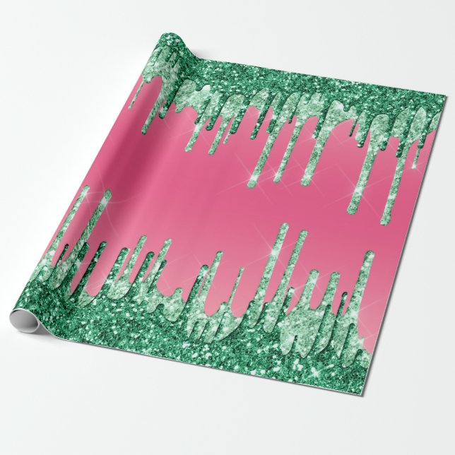 Green Dripping Glitters Chic Pink Watermelon Color Wrapping Paper (Unrolled)