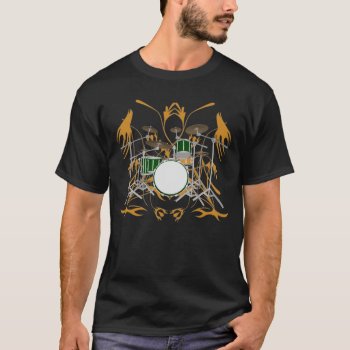 Green Drum Kit & Tribal Artwork: Black T-shirt by spiritswitchboard at Zazzle