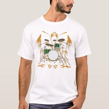 Green Drum Kit & Tribal Artwork: White T-shirt by spiritswitchboard at Zazzle