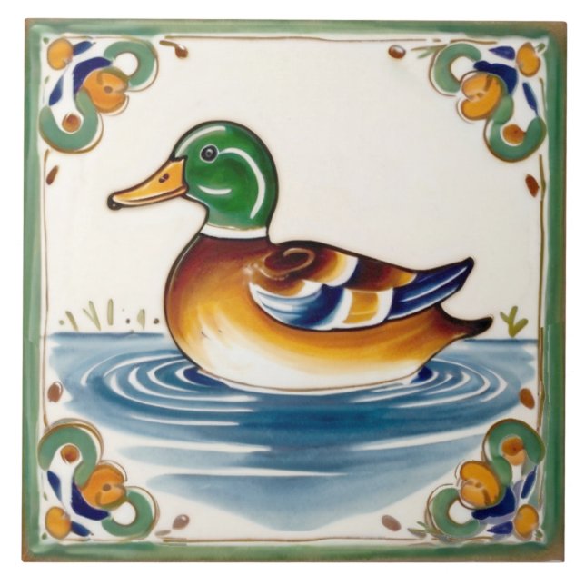 Green Duck European Folk Animal Art Ceramic Tile (Front)