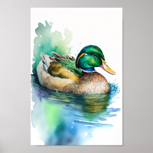 Green duck wall art print forest lake mallard