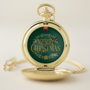 Green & Dull Golden Christmas & New Year Greeting Pocket Watch