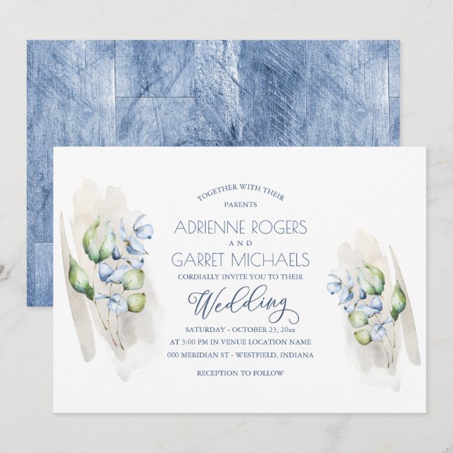 Green & Dusty Blue Eucalyptus Rustic Wood Wedding Invitation (Front/Back)