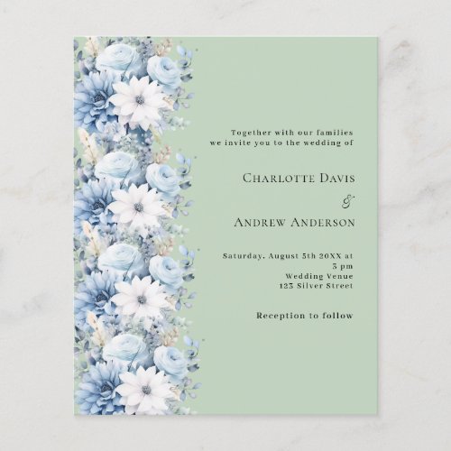 Green dusty blue florals wedding invitation