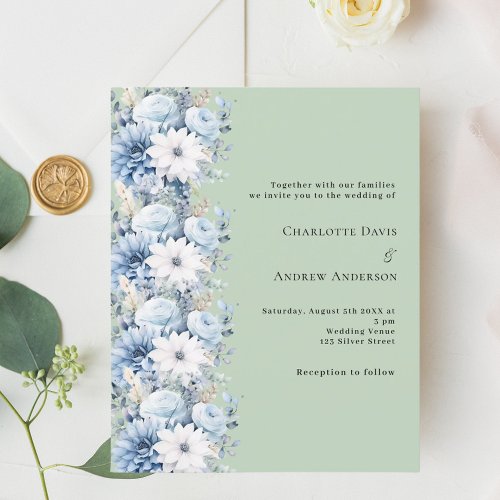 Green dusty blue florals wedding invitation