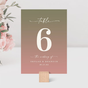 Green & Dusty Rose Pink Ombre Monogrammed Wedding Table Number