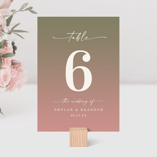 Green  Dusty Rose Pink Ombre Monogrammed Wedding Table Number