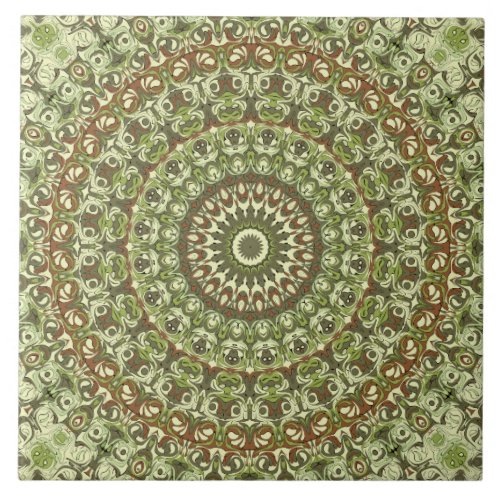 Green Earthy Kaleidoscopic Medallion Pattern Ceramic Tile