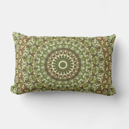 Green Earthy Kaleidoscopic Medallion Pattern Lumbar Pillow