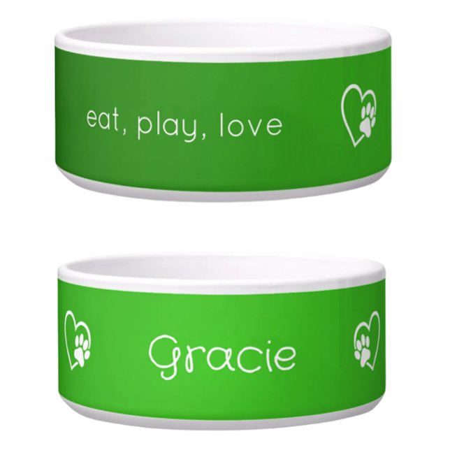 Green 'eat, play, love' Dog Name Bowl (Creator Uploaded)