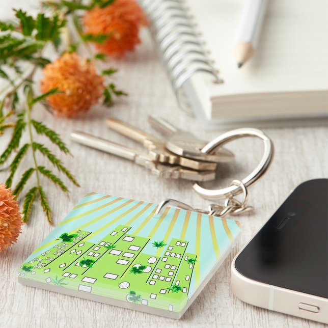 Green Eco City Skyline with Floating Leaves Keychain (Creator Uploaded)