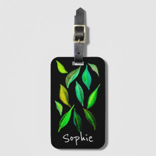 Green eco leaves watercolor leaf art luggage tag