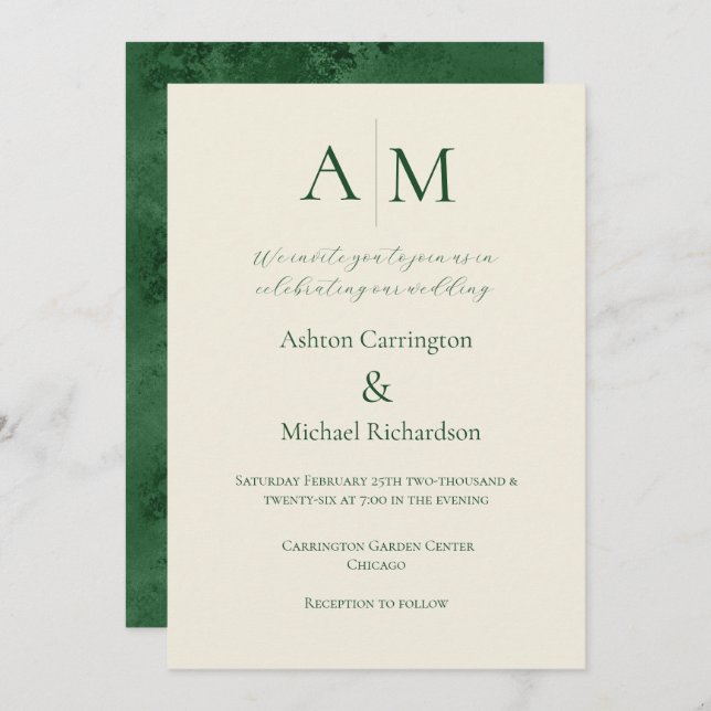 Green Ecru Monogram Modern Wedding Invitation (Front/Back)