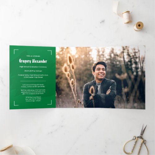 Green Edgy Abstract Brushstroke Photo Graduation Tri_Fold Invitation