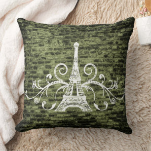 Green Eiffel Towel Grunge Throw Pillow