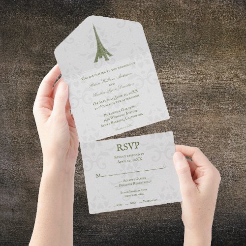 Green Eiffel Tower Damask All in One Wedding All In One Invitation