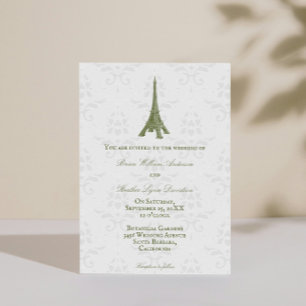 Green Eiffel Tower Damask Wedding Invitation