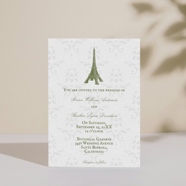 Green Eiffel Tower Damask Wedding Invitation (Green Eiffel Tower Damask Wedding Invitation)