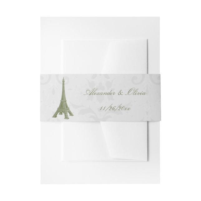Green Eiffel Tower Damask Wedding Invitation Belly Band (Front Example)