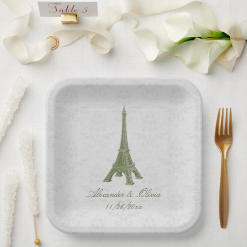 Green Eiffel Tower Damask Wedding Shower Paper Plates