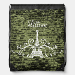 Green Eiffel Tower Grunge Drawstring Backpack