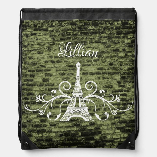 Green Eiffel Tower Grunge Drawstring Backpack (Front)