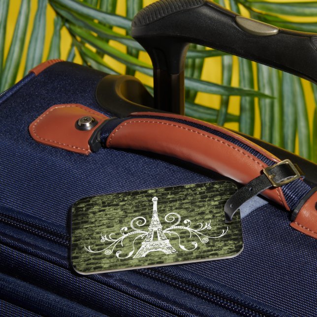 Green Eiffel Tower Grunge Luggage Tag (Front Insitu 3)
