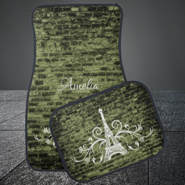 Green Eiffel Tower Grunge Personalized Car Floor Mat (Green Eiffel Tower Grunge Personalized Car Mats)