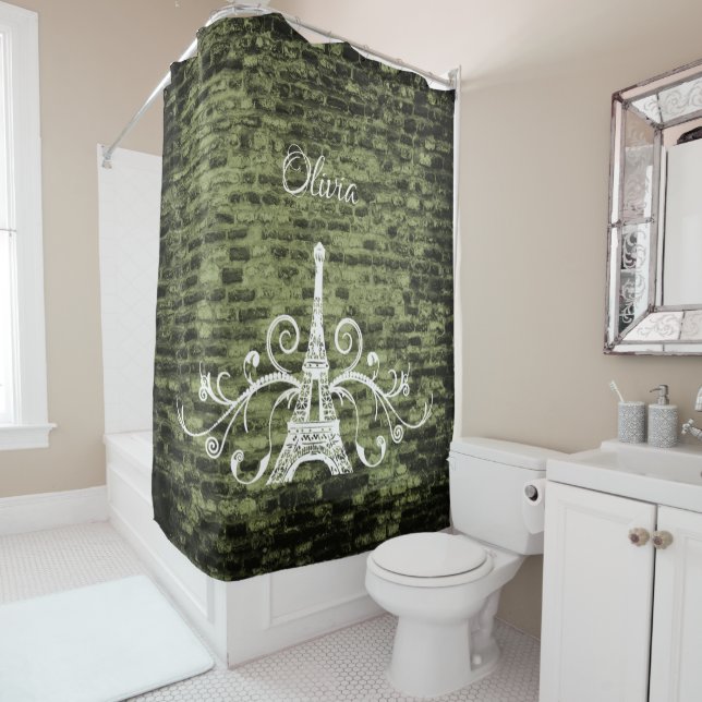 Green Eiffel Tower Grunge Shower Curtain (In Situ)