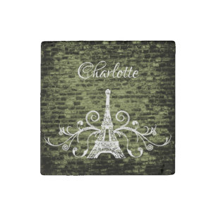 Green Eiffel Tower Grunge Stone Magnet