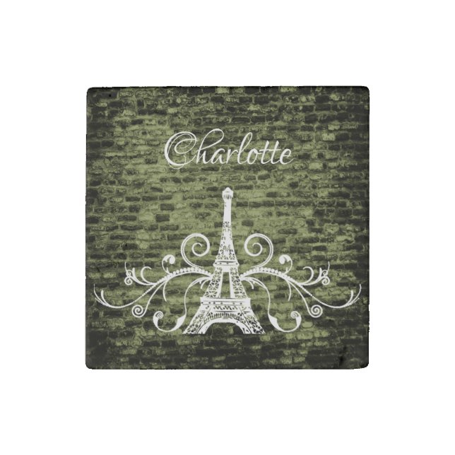 Green Eiffel Tower Grunge Stone Magnet (Front)