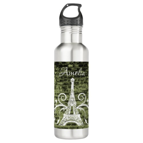 Green Eiffel Tower Grunge Water Bottle