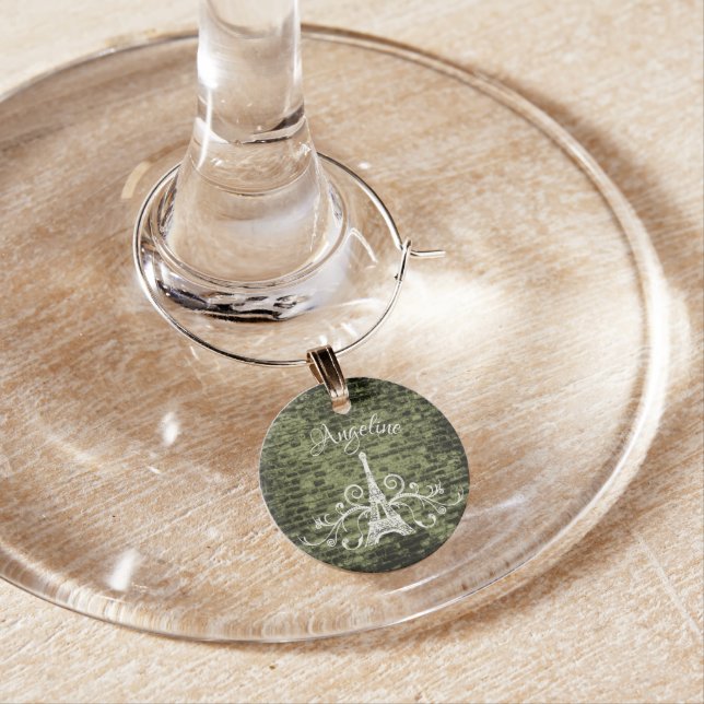 Green Eiffel Tower Grunge Wine Charm (In Situ)