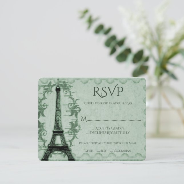 Green Eiffel Tower Wedding RSVP Card (Standing Front)