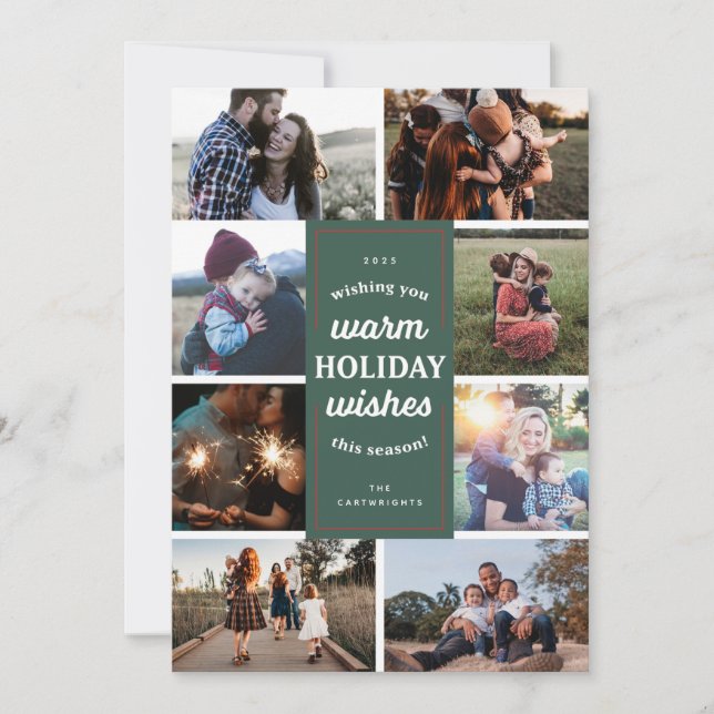Green Eight Photo Warm Holiday Wishes Card (Front)
