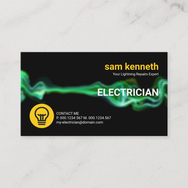 Green Electric Current Lightning Electrical Business Card (Front)