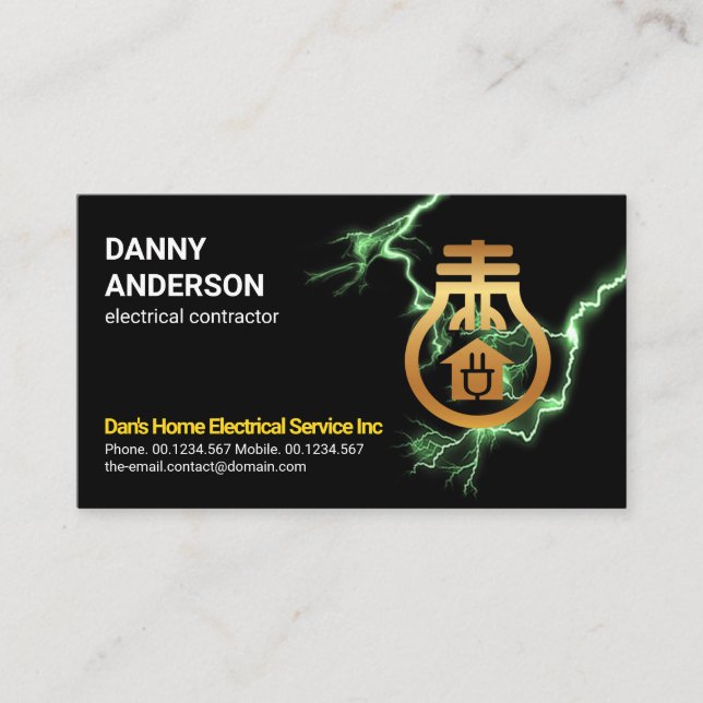 Green Electric Lightning Gold Bulb Electrician Business Card (Front)