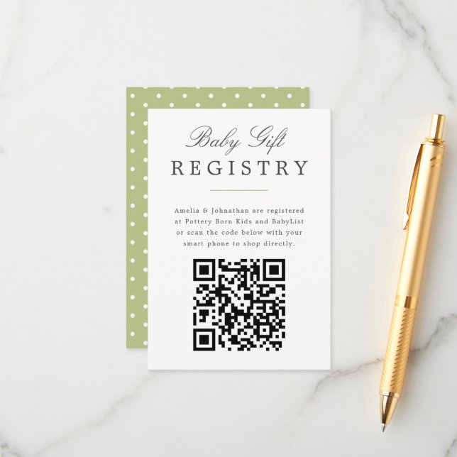 Green Elegant Baby Gift Registry with QR code Enclosure Card (Front/Back In Situ)