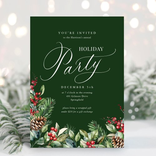 Green Elegant Botanical Script Holiday Party Invitation