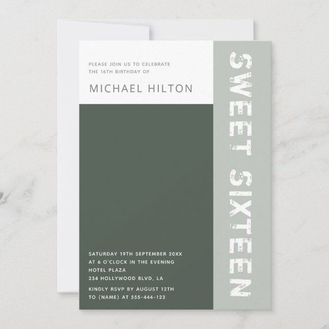 Green elegant color block boy sweet sixteen invitation (Front)