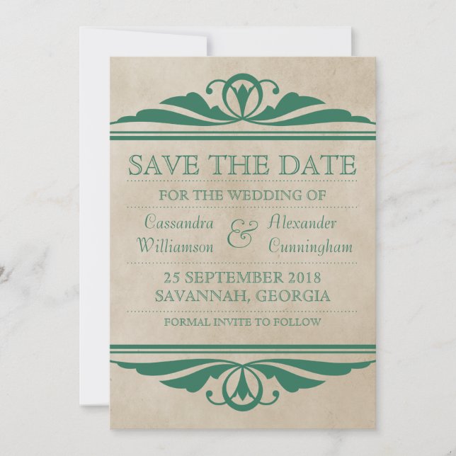 Green Elegant Deco Save the Date Invite (Front)