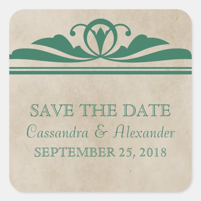 Green Elegant Deco Save the Date Stickers (Front)