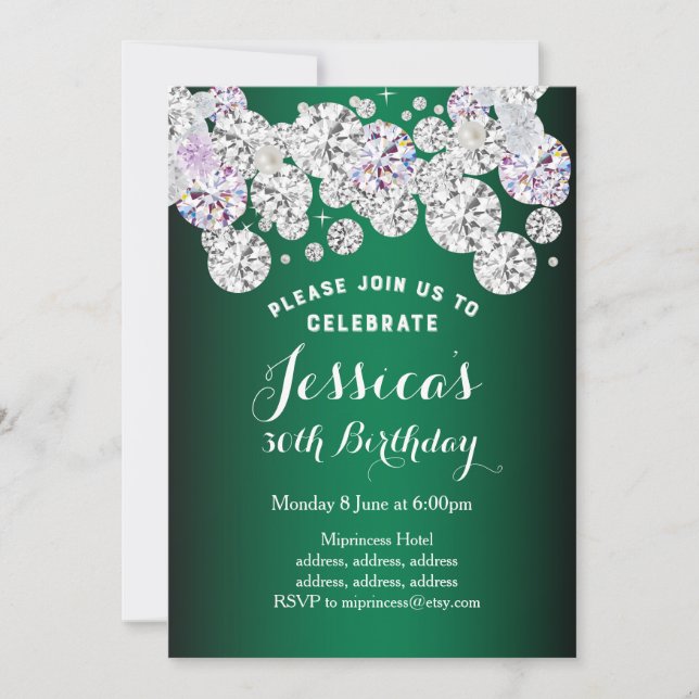 GREEN elegant diamond, glitter birthday invitation (Front)