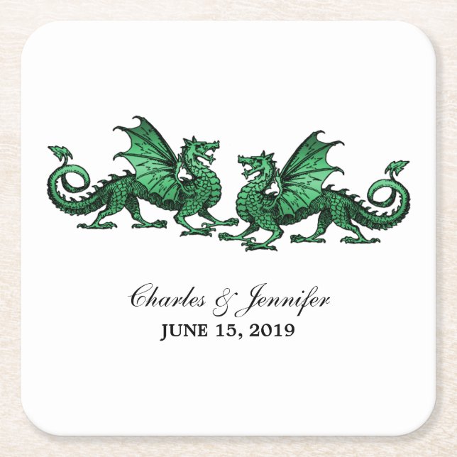 Green Elegant Dragons Wedding Paper Coasters (Front)