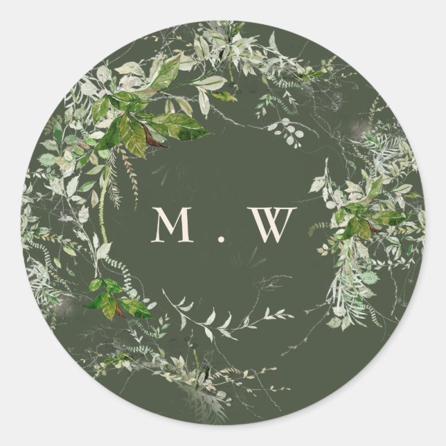 Green Elegant Eucalyptus Wreath Monogram Wedding Classic Round Sticker (Front)