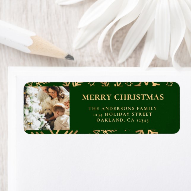 Green Elegant Family Photo Snowflakes Christmas Label (Insitu)