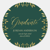 Green Elegant Faux Gold Leaves Graduate Classic Round Sticker
