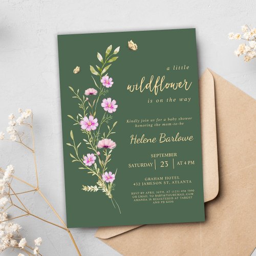 Green Elegant Floral Little Wildflower Baby Shower Invitation