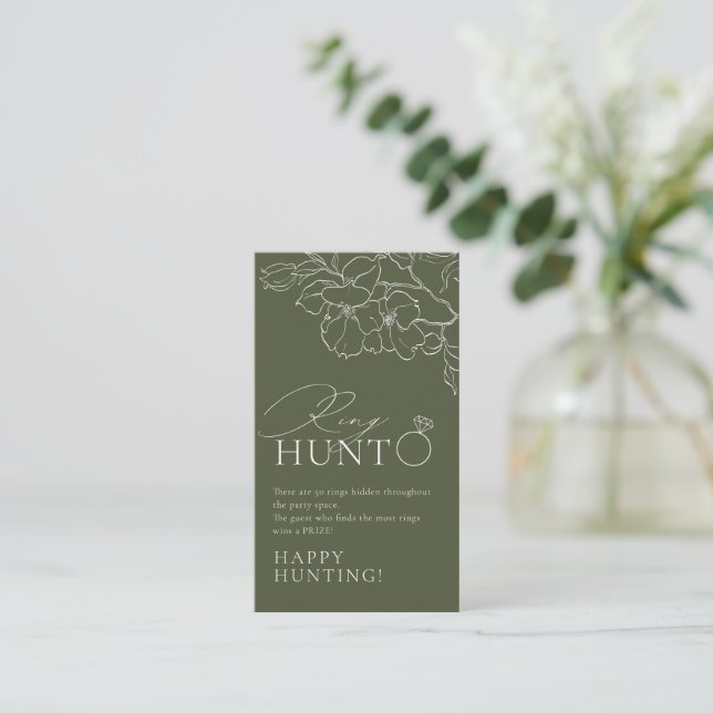 Green elegant floral ring hunt bridal shower game enclosure card (Standing Front)
