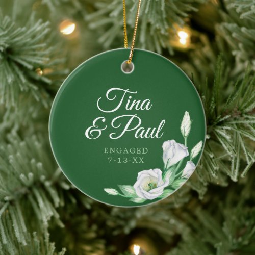 Green Elegant Florals Personalized Engaged Couple Ceramic Ornament